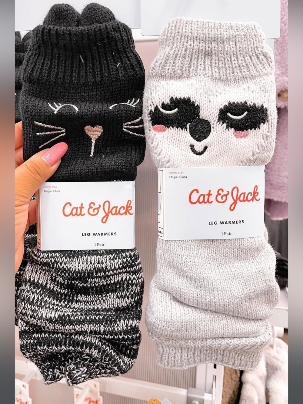 Cat & Jack Black and Light Gray Animal Face Leg Warmers - 2 Pack